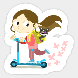 girl on a scooter with a backpack on her back Sticker